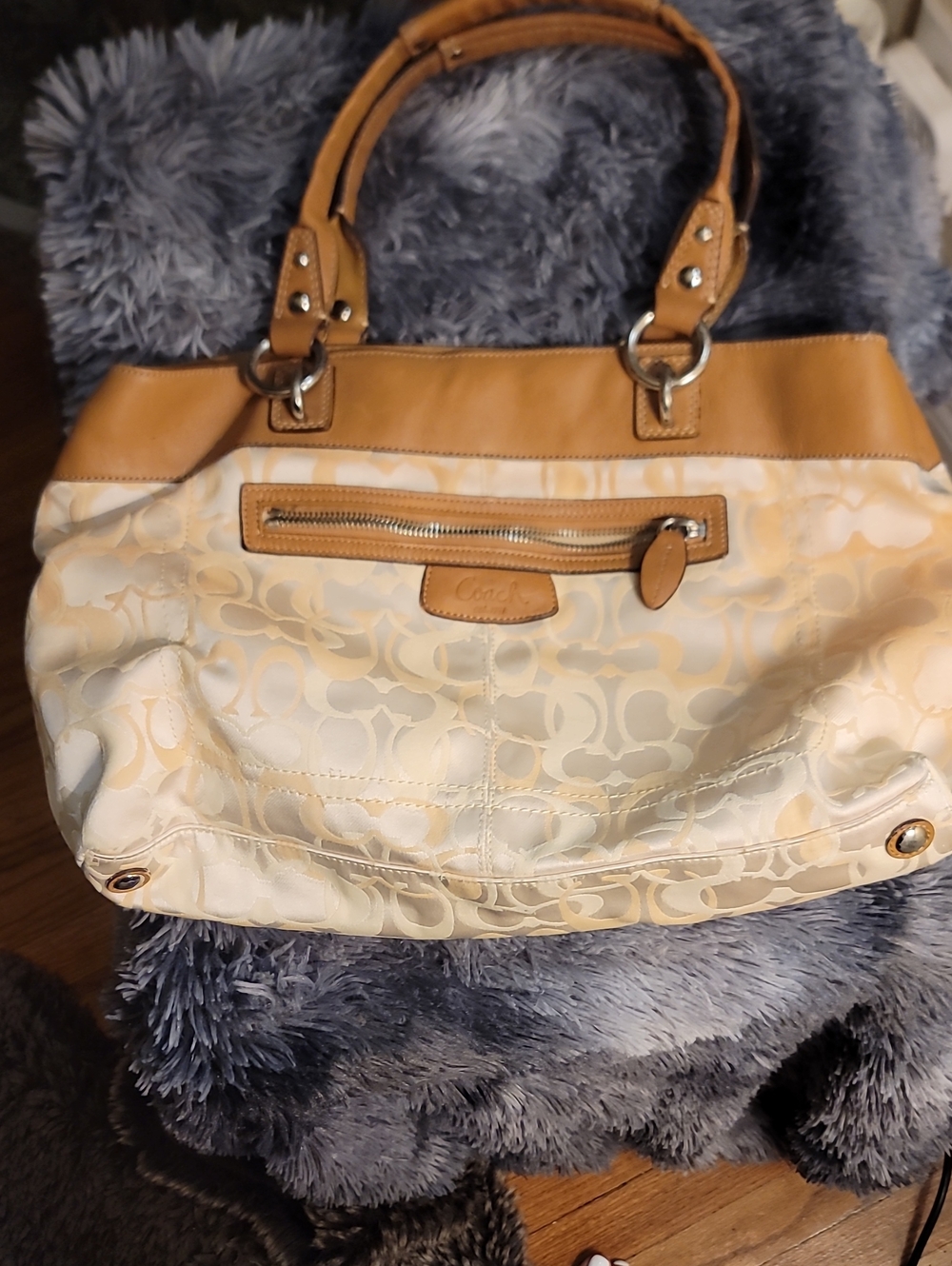 Coach Signature Tote in Cream and Tan Leather Trim